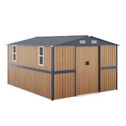 10X12 FT Outdoor Steel Storage Shed with Lockable Doors, 2 Windows, Garden Shed Ideal for Backyard, Patio Storage,Chicken Coop(Wood Panels & Frame Flo