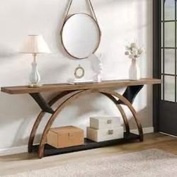 70.87 in. W Walnut and Black Console Tables, Rectangle Wooden Console Table with Half Moon Frame.