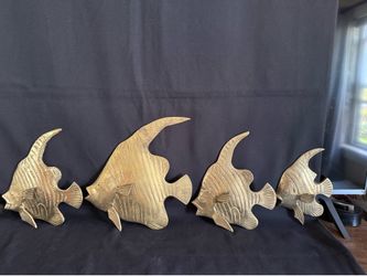 Vintage Brass Angel Fish Wall Hanging Plaque Art Set India Beach House Mid Century