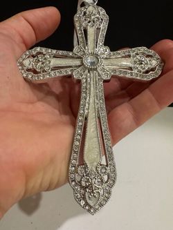 Vintage Jeweled Silverplate Enamel Gothic Cross Christmas Tree Ornament 5.25"