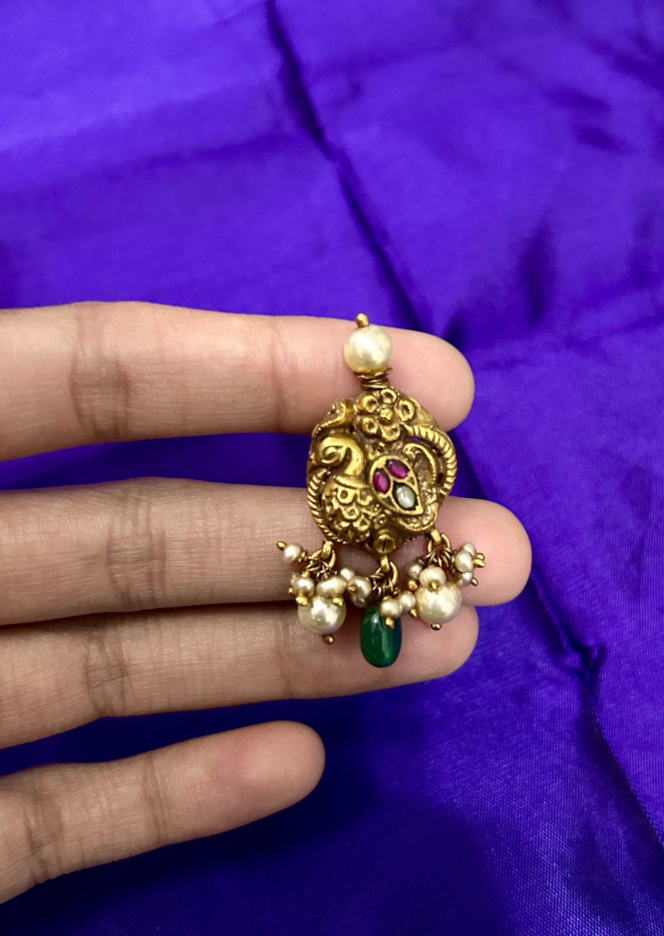 92.5 Silver Peacock Ear Tings Adorned With South Sea Pearls And Emerald Drops