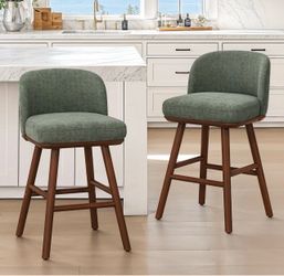 Bar Stools Set of 2, 27.6" Wooden Legs, Fabric in Sage Green