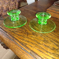 Pair green glass candleholders