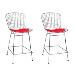 Bertoia Inspired Mid Century Modern Chrome Wire Counter Stool Height (Red)