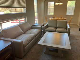 Taupe Sofa + Loveseat + Wood Coffee Table – Full Living Room Set