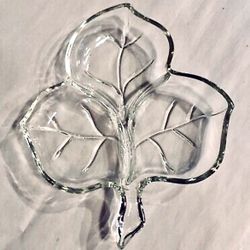Vintage 1960s Hazel Atlas Leaf-Shaped Clear Glass Divided Relish, Candy or Nut Dish