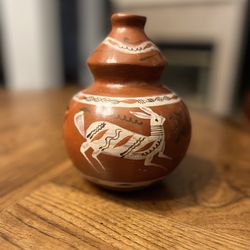 Vintage Hand-painted Red Clay Jar (Ollo) - Mexican Folk Art Decorated with Rabbit and Flora