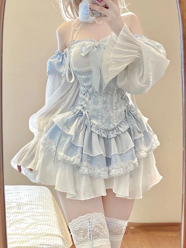 2025 Summer Blue Lolita Clothing Suit Slim Vest + Kawaii Y2k Mini Dress Elegant Short Party Dress