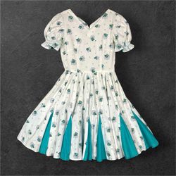 Vintage Teal Floral Swing Dress with Teal Gussets Short Puff Sleeves Medium