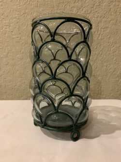 Green Metal And Glass Candle Holder / Vase
