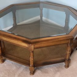 Vintage RARE Octagonal Coffee Table w/Beveled Glass Top Dark Wood Storage 36×15"