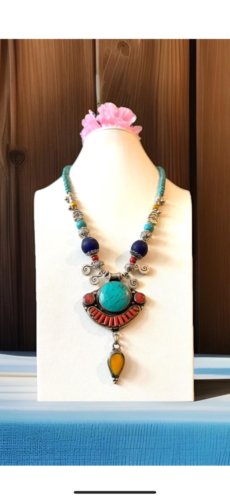 Vintage & Handcrafted Ethnic Tribal Theme Pendant Necklace With Stones Set In Silver 22”inch & 123Grams