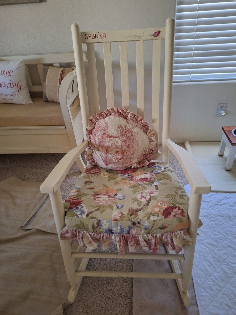 Cream Wooden Rocking Chair w/Floral Cushion