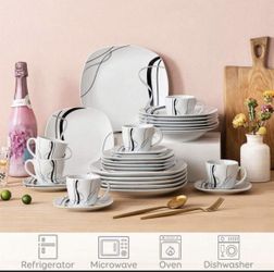 VEWEET, 30-Piece Dinnerware Sets For 6, White Dishes Set With Black And Gray Stripes, Porcelain Dinner Set Including Dessert Plates, Soup Plates, Dinn