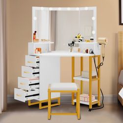 Vanity Set w/ LED Lighted Mirror Makeup Dressing Table Dresser Desk with Stool