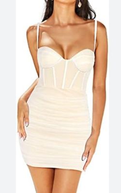 Linlan Mini Corset Dress Ruched Body con w/ Mesh White Dress Woman’s Medium