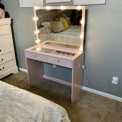 Small 2 Drawer Glass Top Make Up Vanity/ Pink & White