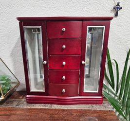 Jewelry Box Wood, 2 Glass Door Sides w Carousel, Mirror, 5 Drawers, Ring Roll