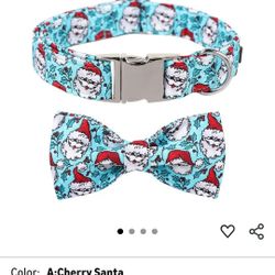 Blue and red Christmas cotton bow tie collar with a removable bow tie 