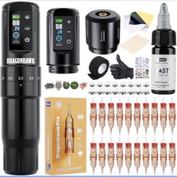 Dragonhawk Atom2 Pro Wireless Tattoo Machine Kit with 2 Batteries Complete Tattoo Gun Kit for Beginners 7 Stroke Cordless Tattoo Pen with Ink Needles 