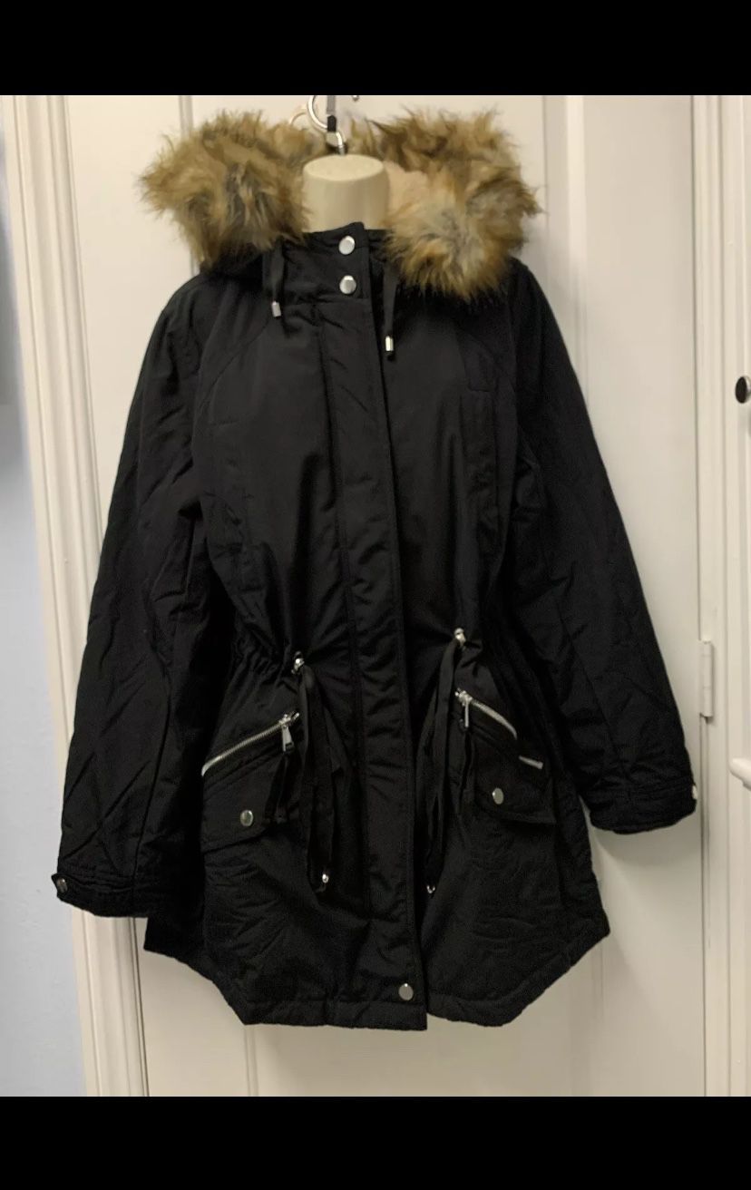 ✨New With Tags✨ Size 12 XL Black Parka Removable Hood Pockets Sherpa Coat Tan Faux Fur Royal Matrix 