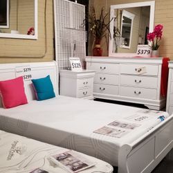 Brand New White Queen Sleigh Bedframe + Dresser + Mirror + Nightstand 4PCs Bedroom Set