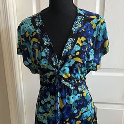 Vintage Women's XL Apt. 9 Blue Turquoise Yellow Black Ruffled Bottom Dress w Tie