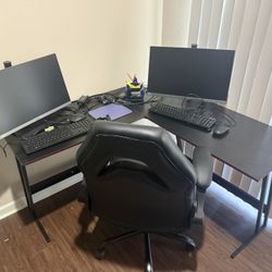 Computer table, chair, 2 monitors