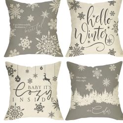 Fjfz Hello Winter Grey White Decorative Throw Pillow Cover 18x18 Set of 4, Baby It's Cozy Inside Christmas Snowflake Home Decorations, Pine Tree Holid