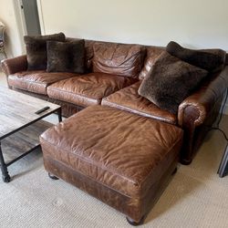 RESTORATION HARDWARE - Original Lancaster Leather Three-Seat-Cushion Sofa and Ottoman