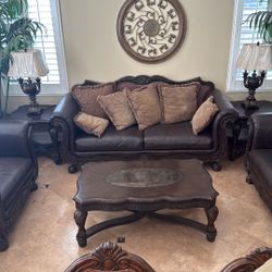 BROWN LEATHER & WOOD LIVING ROOM SET