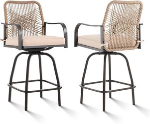 NEW Outdoor Bar Stools Set of 2, 360° Swivel Metal Frame,Wicker Patio Bar Height Stools with Cushion