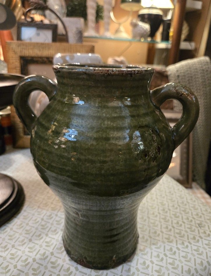 Chunky Distressed Green Expressions Vase With Handles