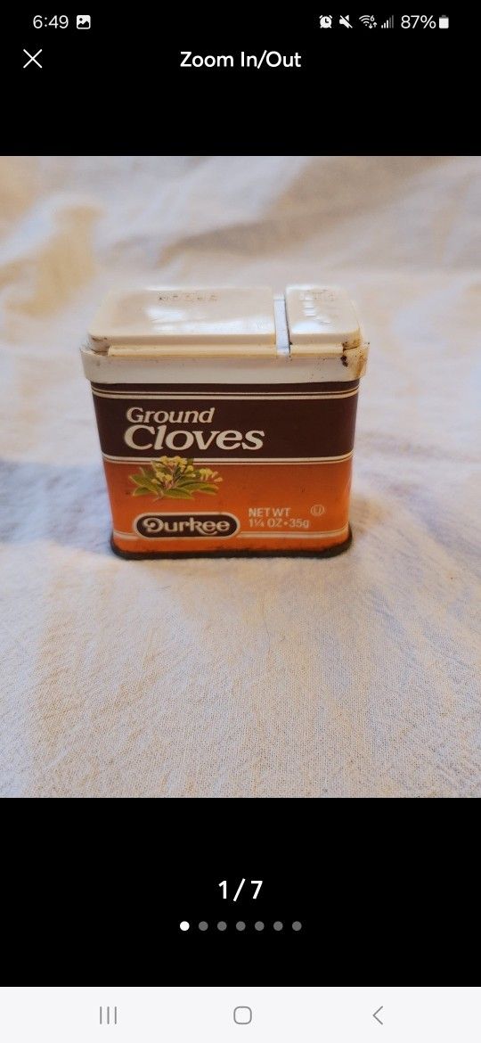 Vintage Durkee Ground Cloves Spice Tin. About 1/3 Full. Excellent Condition!! Almost full. Please see all pictures as part of the description. P
