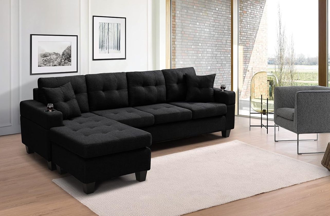 Reversible Sectional Sofa with Cupholders and 2 Pillows