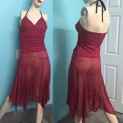 Y2K Wine Red Fairycore Balletcore Tie Halter Ruched Sheer Midi Dress M Ruby Rox 