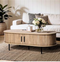 47" Oval Coffee Table with Storage and Sliding Door Mid Century Modern Coffee Table for Living Room, Sliding Door Center Table with Hidden Storage Spa