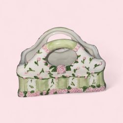 Vintage 2003 pink and green floral ceramic basket with rose design