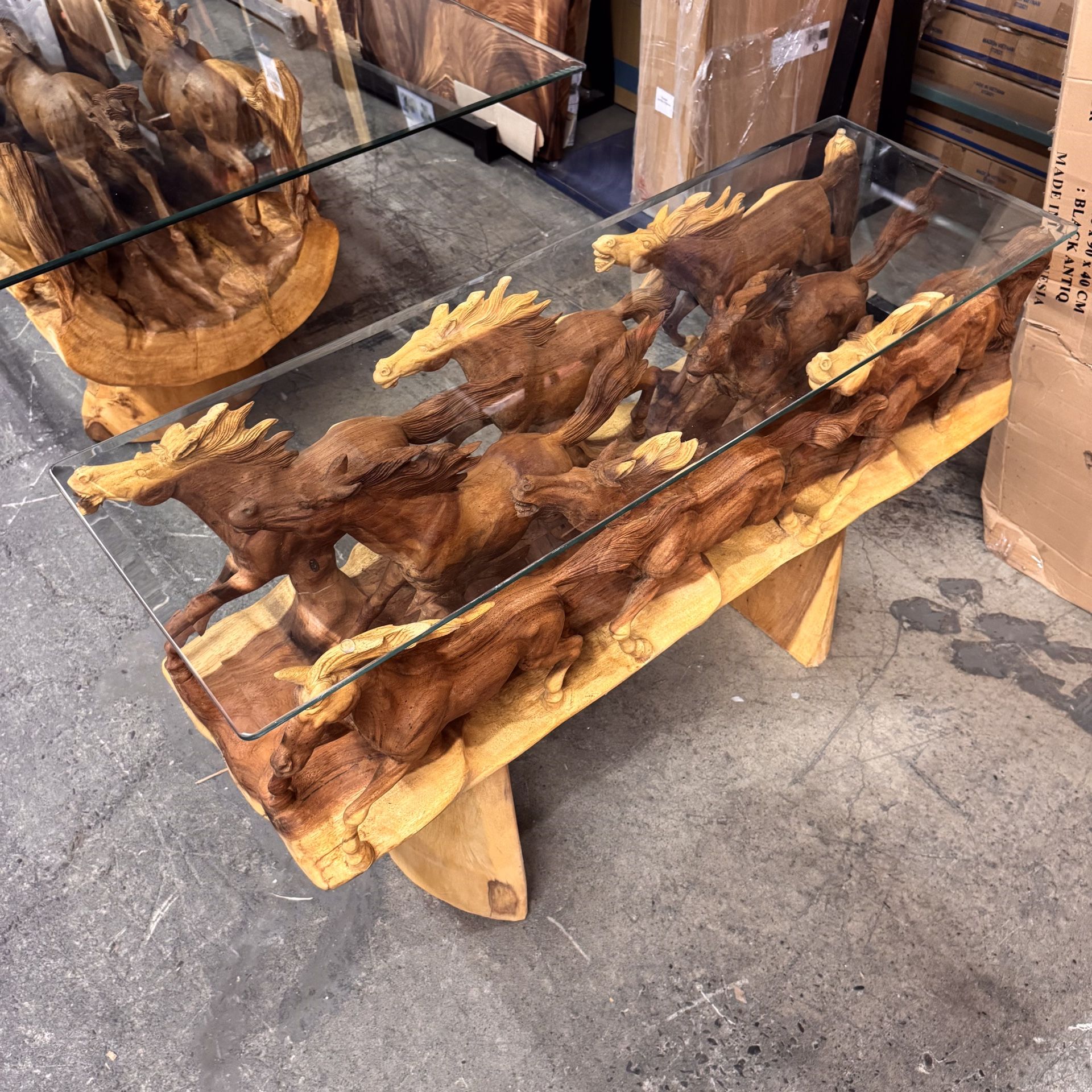 Wood Horse Carving Console Table w Glass Top