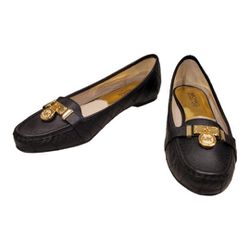 Like New Size 8 Michael Kors Black Leather Moccasin Flats with Gold Locks