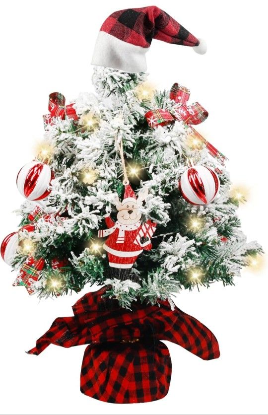 New Mini Christmas Tree, 24 Inch/2 FT Lighted Tabletop Artificial Xmas Tree with Music Box, Gingerbread Man Tag and Decor Ball, DIY Small Tree