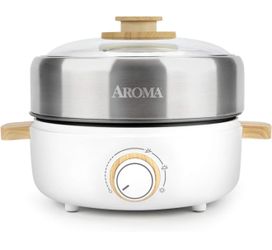 Aroma Housewares AMC-130 Whatever Pot, Indoor Grill, Cooking, Hot Pot with Glass Lid, Bamboo Handles, 2.5L, Stainless Steel/White