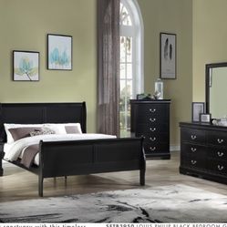 Black 4pcs classic SleighStyle Bedroom Set includes Nightstand, Mirror, and Dresser.  Queen Bed