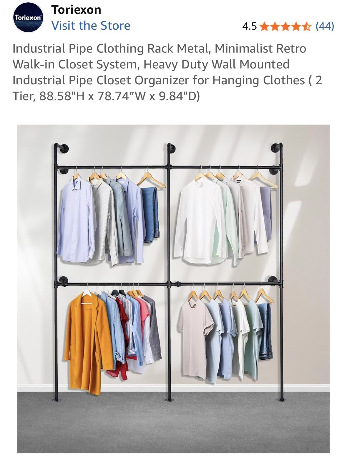 Industrial Pipe Clothing Rack Metal, Minimalist Closet System, Heavy Duty Wall Mounted Industrial Pipe Closet Organizer for Hanging Clothes