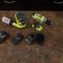 A+ New Ryobi 18V One Plus  Cordless 1/2" Keyless Hammer Drill P214  And 5" Random Orbit Sander P411 With Batteries And Battery Charger