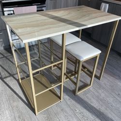 Island With Two Stools Metal Frame, Wood Top