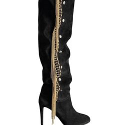 Monika Chiang Amalia Black Suede Crystal Fringe Boots Shoes (100% Authentic) NEW