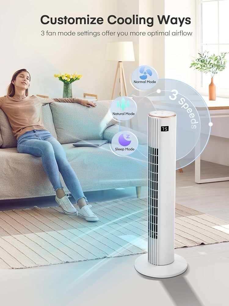 Tower Fan for Bedroom, Quiet Oscillating Floor Fans with 70°, Remote Control, 3 Modes, 3 Speeds, 12H Timer, 30" Bladeless Standing Fan for H