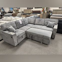 Corduroy Sectional Sofa with Pull-Out Bed
