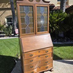 Antique wood desk/secretary cabinet With Leaded Glass